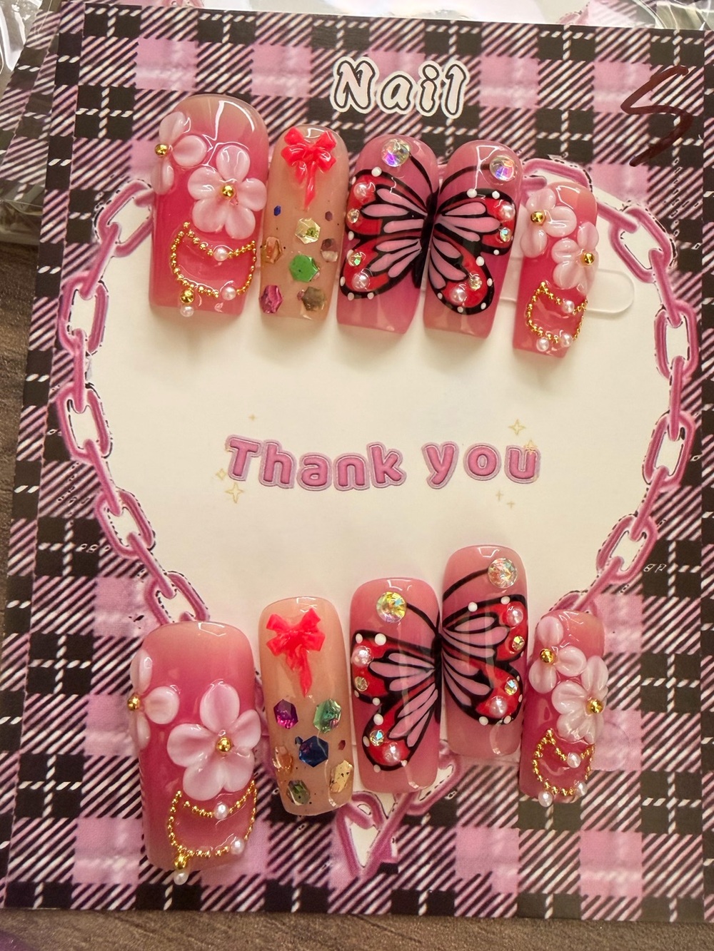 Pink Butterfly & Floral Handmadw Press-On Nail Set